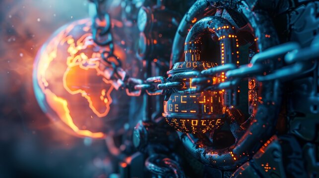 A massive, ornate lock with digital code displayed on its face, securing a chain that wraps around a glowing globe, symbolizing global cyber protection. 