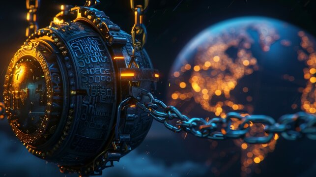 A massive, ornate lock with digital code displayed on its face, securing a chain that wraps around a glowing globe, symbolizing global cyber protection. 