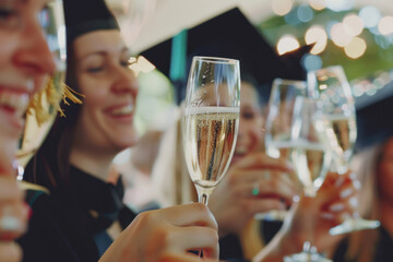 Group of university students drinking champagne while standing at graduation