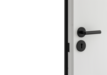Door with doorknob and key. Simple minimalist open door with black knob. Isolated transparent PNG background. Opened door concept. Closing the door. Opening the door. Black and white door minimalism. 