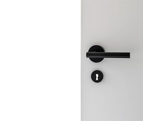 Door with doorknob and keyhole. Simple minimalist open door with black knob. Isolated transparent PNG background. Opened door concept. Closing the door. Opening the door. White door with keyhole. 