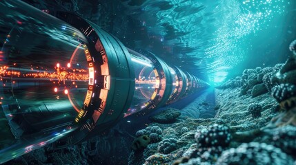 Undersea Internet Backbone, High-Tech Submarine Fiber-Optic Pipe for Global Communication - obrazy, fototapety, plakaty