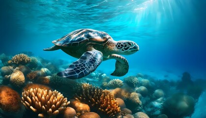 Turtle day concept of turtle swimming with coral and fish Vibrant underwater seascape 