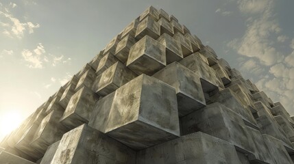 Large geometric concrete structure with a repeating pattern of protruding blocks under a partly cloudy sky - obrazy, fototapety, plakaty