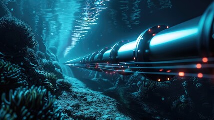Undersea Internet Backbone, High-Tech Submarine Fiber-Optic Pipe for Global Communication - obrazy, fototapety, plakaty
