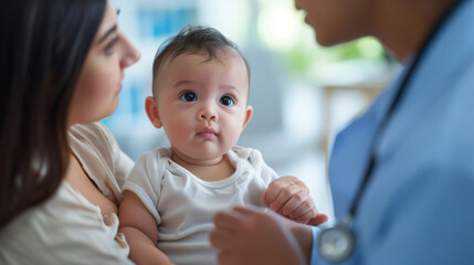 baby being held by a mother during a consultation with a healthcare professional