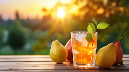 A glass of crisp pear cider accompanied by ripe pears on a rustic wooden table, with the warm glow of a sunset filtering through the leaves. - obrazy, fototapety, plakaty