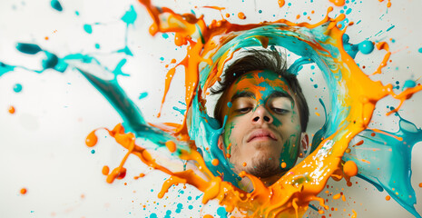 Handsome young man emerges from splashes of orange and teal paint, gazing downward through isolated...