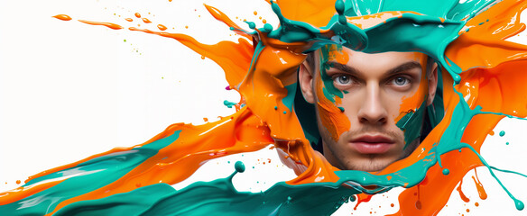 Handsome young man's head emerges from splashes of orange and teal paint on white background.