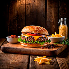 una jugosa hamburguesa sobre una tabla de madera, fondo rústico de madera desgastada - obrazy, fototapety, plakaty