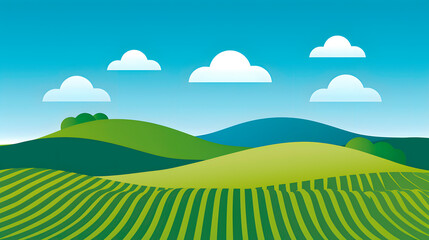 A vibrant cartoon landscape depicting rolling green hills under a sky with fluffy white clouds.
