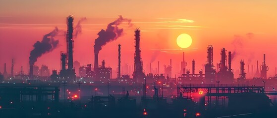 Pollution caused by emissions from an oil refinery plant with pipelines and storage tanks. Concept Oil Refinery Pollution, Emissions, Pipeline Contamination, Storage Tank Leaks, Environmental Impact - obrazy, fototapety, plakaty
