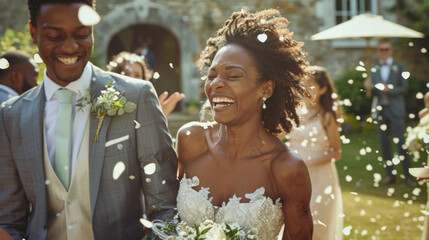 A beaming bride and groom laugh amid confetti at their wedding celebration. - obrazy, fototapety, plakaty