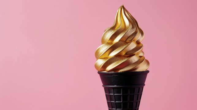 Golden soft serve ice cream in black cone on pink background
