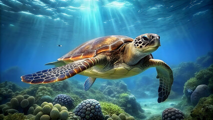 turtle is swimming in underwater of the sea - Powered by Adobe
