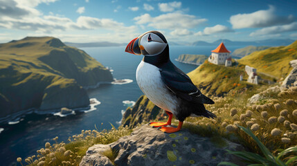 The comical and endearing Atlantic Puffin, with its vibrant beak and expressive eyes, standing proudly on a cliff overlooking the sea.