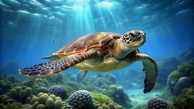 turtle is swimming in underwater of the sea