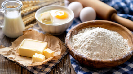 A wooden bowl of flour, eggs, a jug of milk, and a block of butter with a rolling pin on a checkered cloth signify baking preparation.