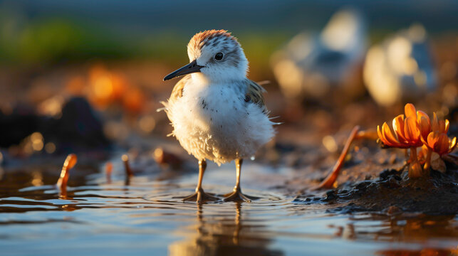 The endangered and charming Spoon-billed Sandpiper, foraging for food along a sandy shoreline, its distinctive spoon-shaped bill in focus.