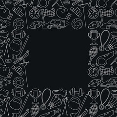 Seamless sport frame. Background with sports icons. Doodle sport illustration