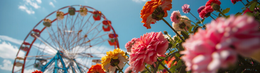 Oktoberfest concept, Ferris wheel and colorful flowers, created with generative AI technology 