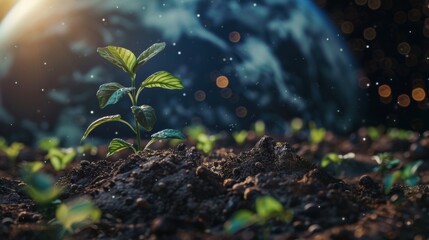 Young plant growing in soil with cosmic background - obrazy, fototapety, plakaty