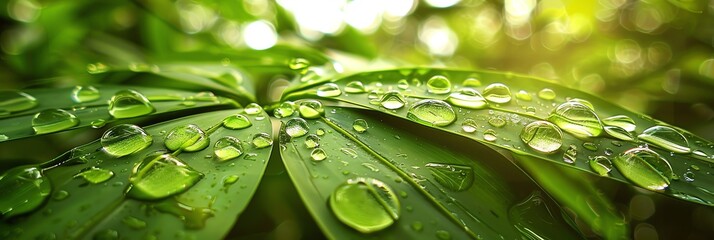 wallpaper bamboo leafs with dew fresh green aspect ratio 3:1 - obrazy, fototapety, plakaty