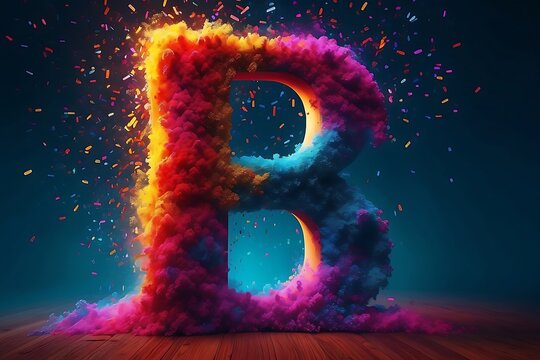 Letter B with colorful smoke and confetti. colorful letter b with background