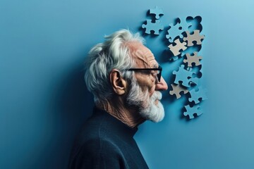 Elderly senior old thinking man suffering from dementia with puzzles on head