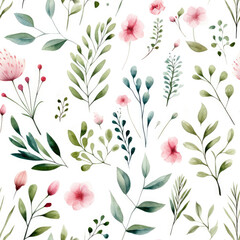 Elegant floral seamless pattern with flower and leaves watercolor on white background.