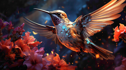 The tiny, round Rufous Hummingbird, frozen in mid-air as it hovers near a cluster of vibrant flowers, its iridescent feathers glistening in the sunlight. - Powered by Adobe