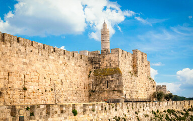 The panoramic view of the ancient citadel “Tower of David” in . Ancient city walls  Jerusalem, Israel 04 april 2024