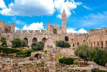 The panoramic view of the ancient citadel “Tower of David” in . Ancient city walls  Jerusalem, Israel 04 april 2024