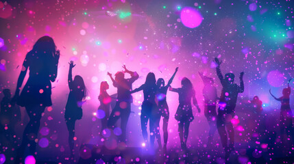 A silhouette of partygoers with raised hands in a club amidst vibrant lights and falling confetti.