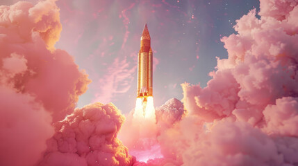 Rocket launch amidst pink clouds
