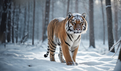 Fototapeta na wymiar Tiger in a snow covered forest