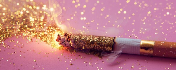 Burning cigarette with glitter on pink background - obrazy, fototapety, plakaty