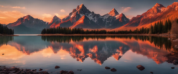 A breathtaking sunrise over the mountains near Lake captures the serene beauty of nature with warm hues in the sky and reflections on the water. The silhouette of mountain peaks adds to its grandeur. - obrazy, fototapety, plakaty