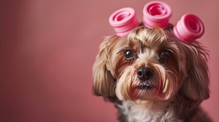 Cute dog with hair rollers on a pink background