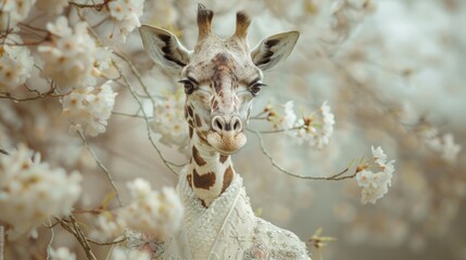 Giraffe with flowering tree