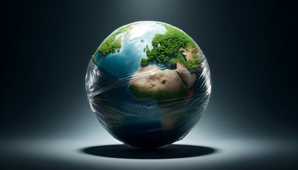 Globe for earth day with one hemisphere wrapped in plastic and the other showing lush green forest.