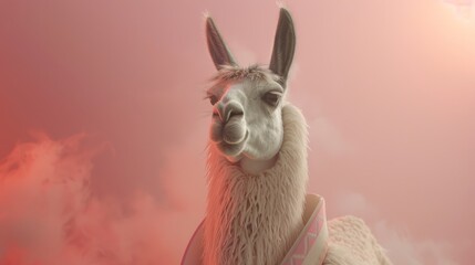 Naklejka premium Dignified llama with a serene expression under pink sky