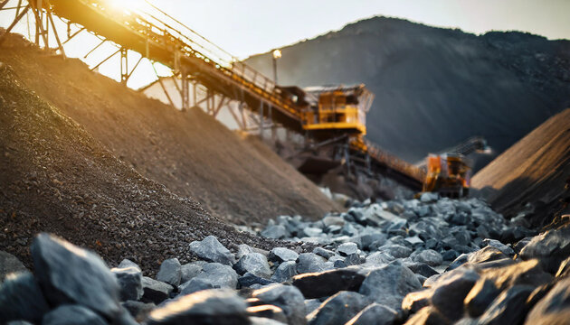 Conveyor belt carries ore rocks in moody evening light, symbolizing industrial progress and mineral extraction