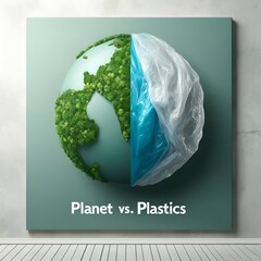 Earth day poster with one hemisphere wrapped in plastic and the other with lush green forest.
