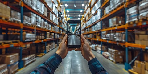 Modern warehouse using augmented reality for efficient logistics and delivery in the ecommerce industry. Concept Augmented Reality, Logistics Efficiency, E-commerce, Warehouse Innovation