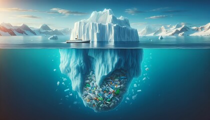 Realistic illustration of iceberg in the sea with plastic waste for earth day.