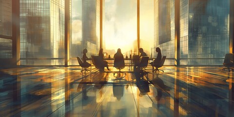 A female white-collar worker and her friends are sitting in a conference room discussing a problem with pleasant expressions, the sunlight shines through the huge floor - obrazy, fototapety, plakaty
