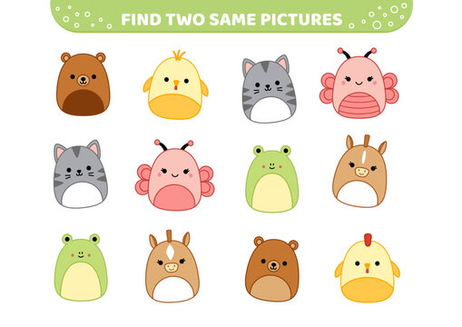 Cute squishmallow animals. Kawaii. Find two same pictures. Game for children. Cartoon, vector
