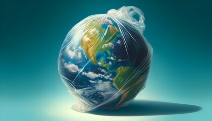 Earth day illustration with earth wrapped in clear plastic .