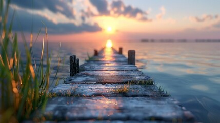 Old wooden pier at dawn, photorealistic still water, vibrant horizon ,3DCG,clean sharp focus - obrazy, fototapety, plakaty
